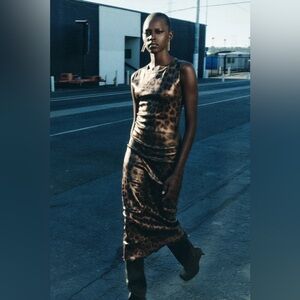 NWOT Zara Knit Foil Midi Dress Bodycone Animal Print Leopard Cheetah Size S